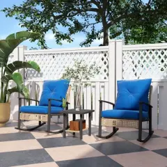 Outsunny 3 Pieces Patio Bistro Set, Wicker Furniture Set with Button Tufted Cushions, Rattan Rocking Chairs and Coffee Table