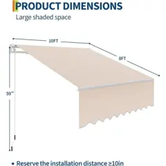 10'x8' Manual Retractable Awning - Waterproof Sun Shade with Aluminum Frame & 280g Polyester, for Patio/Deck/Balcony,Khaki