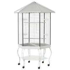 Resenkos Bird Cage, Bird Cages Habitat,77" Flight Bird Cage Hexagon Covered Canopy Portable Aviary With Storage White
