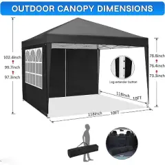 SKONYON 10' x10' Canopy Tent Instant Pop-Up Canopy with 4 Sidewalls for Patio Backyard Garden Party Black