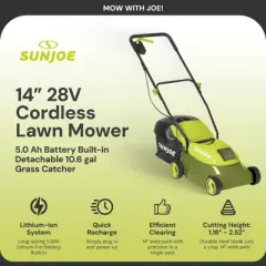 Sun Joe Cordless Lawn Mower, 28V Brushless Motor, 14" Electric Walk Behind Grass Cutter with Safety Key, 10.6 Gal Grass Catcher, MJ401C-XR