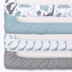 The Peanutshell Dino 4-Pack Crib Fitted Sheet Set in Blue/Grey/White