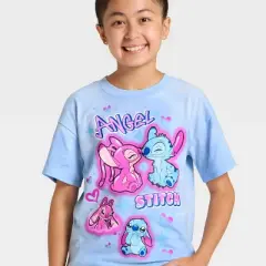 Girls' Disney Stitch and Angel Short Sleeve Oversized Graphic T-Shirt - Blue