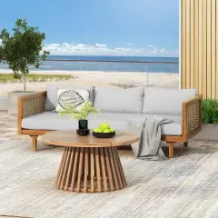 FIONECA Claremont 3-Seater Patio Daybed with Gray Cushions and Acacia Wood Coffee Table &uml;C Outdoor Furniture Set