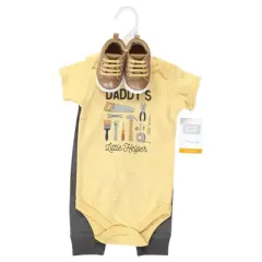 Hudson Baby Infant Boy Cotton Bodysuit, Pant and Shoe Set, Construction Work Short Sleeve