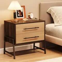 GustoWave Nightstand with Drawers,23.6" Wide Bedside Table with Storage, Light Wood Side Table with Metal Legs, Dark Brown Night Stand