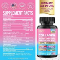 Zoyava Collagen Pills Peptides Types I, II, III, V & X 64,000 MCG, All in One Supplement, 180 ct