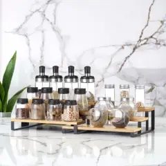 Bamboo Display Risers - Set of 2 Perfume Organizer Stands, 3 Tier Cupcake Holder, Spice Rack - Shelf Risers for Figures, Dessert Shelves