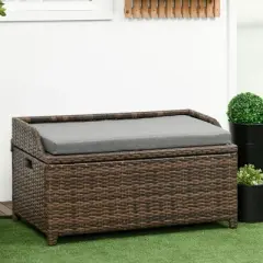 Outsunny Storage Bench Rattan Wicker Garden Deck Box Bin with Interior Waterproof Bag and Comfy Cushion, Gray