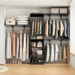 SEVOBAL Freestanding Coat Racks 6 Shelves and 3 Rods Heavy-Duty Wood Closet Organizer System， Adjustable Storage for Using, Black, 15.8"*96.1"*75"