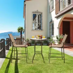Costway 3 PCS Outdoor Patio Bar Table Stool Set Height Tempered Glass Top