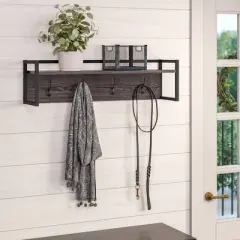 Afton 4 Hook Metal Frame Wall Shelf Woodgrain - RiverRidge Home