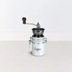 Twine Handheld Vintage Coffee Grinder, Manual Adjustable Design with Wood Handle and White Ceramic Jar, Set of 1