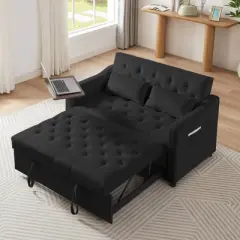Velvet Sofa Bed with Tufted Back and Seat, 360&deg; Side Table, Adjustable Backrest and Foam Cushion for Living Room