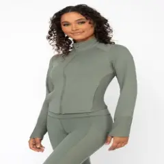 Yogalicious Womens Lux Streamline Interlink Ribbed Contour Insert Full Zip Performance Jacket with Pockets
