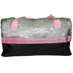 Girls Clear Checkered PVC Duffel Bag with Glitter Trim, Handles and 300D Black Polyester Bottom, Carry-On Overnight Travel Kids Backpack