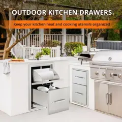 Outdoor Kitchen Drawers with Paper Towel Holder,  Triple BBQ Access Drawers, Stainless Steel Flush Mount BBQ Island Drawers for Outdoor Kitchen