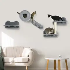 PawHut Cat Wall Shelves, 4 Piece Cat Wall Furniture with Condo, Scratching Post, Platforms, 3 Steps, Wall Mounted Cat Tree for Small Cat, Gray