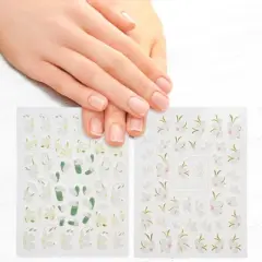 Unique Bargains Self-Adhesive Floral Pattern Nail Art Stickers White Green 2 Pcs