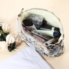 Unique Bargains Travel Zipper Floral Makeup Bags and Organizers Gray Blue