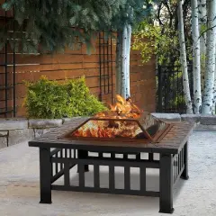 FDW Fire Pit 32in Square Metal Firepit Patio BBQ Fireplace with Charcoal Rack Mesh Cover Poker for Camping Bonfire Picnic Outdoor Heating