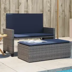 vidaXL Patio Bench with Cushions and Footstool &ndash; Outdoor Loveseat Sofa Bed, Gray Poly Rattan &ndash; Garden, Patio, Deck Furniture