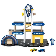 Theo Klein Michelin Car Service Mechanic Station Kids Wooden Toy Playset with 1 Play Car, Screwdriver, and Tires for Ages 3 and Up