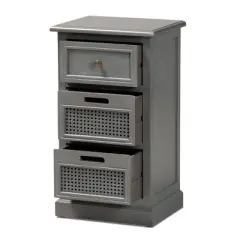 Sheldon Vintage Wood and Synthetic Rattan 3 Drawer Nightstand Gray - Baxton Studio