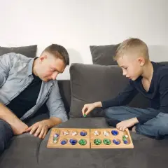 Point Games Solid Pine Mancala - Folding Board Game with Blue, Green, White Marbles- Portable Strategy Travel Game - Recommended Ages 6+