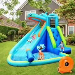 Costway Inflatable Kids Hippo Bounce House Slide Climbing Wall Splash Pool w/740W Blower