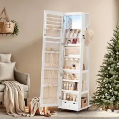 LED Lockable Jewelry Armoire: Wheeled Standing Cabinet with Frameless Full-Length Mirror, 4 Storage Shelves, Foldable Vanity Tray, White