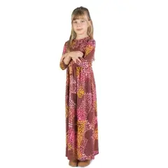 24seven Comfort Apparel Girls Fall Print Three Quarter Sleeve Pleated Maxi Dress
