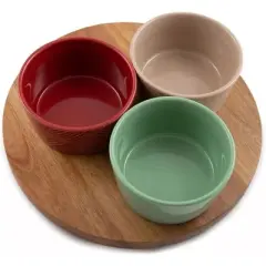 Thirstystone 12-Inch Acacia Wood Lazy Susan Turntable with 3 Ceramic Serving Bowls, Stylish Rotating Server for Condiments, Snacks, and Dips, Perfect