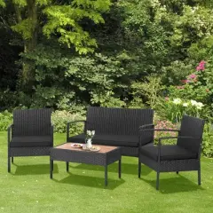 Costway 4PCS Patio Rattan Furniture Set Cushioned Chair Wooden Tabletop Black