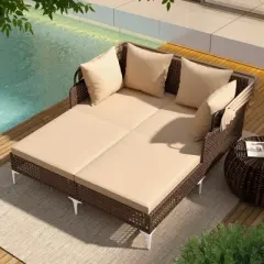 Costway Outdoor Rattan Double Daybed with  Retractable Canopy & Seat Back Cushions