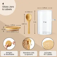 Talented Kitchen 4 Pack Glass Storage Containers with Lids for Storing Dry Goods, Grains and Nuts, 17 oz Stackable Airtight Food Storage