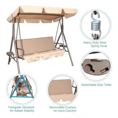 GOLDSUN 3 Person Outdoor Weather Resistant Patio Glider Swing Hammock with Utility Tray, Removable Cushion, & Canopy for Patio, Garden, or Deck, Beige