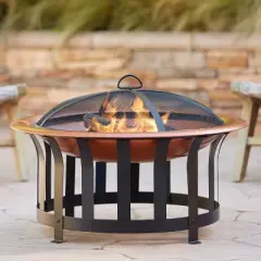 John Timberland Copper and Black Outdoor Fire Pit Round 30" Steel Wood Burning with Spark Screen and Fire Poker for Backyard Patio Camping