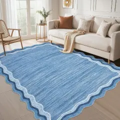 Washable Scalloped Rug 8x10 Blue &ndash; Soft Low Pile Non-Slip Carpet for Living Room, Bedroom, Dining Room, Nursery, Farmhouse, Stain-Resistant