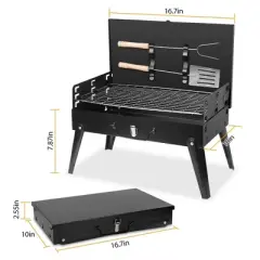 FURNIinspire Outdoor Grills, Griddles and Smokers 3 Level Adjustable Outdoor BBQ with Wind Guard Tools for Camping, Picnics, Black, 17.7"*11.02"*3.1"