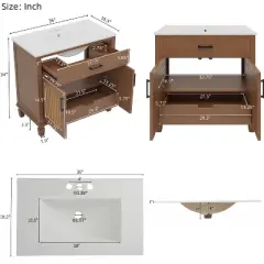 36" Rattan Bathroom Vanity with Ceramic Sink, Soft-Close Drawers & Solid Fir Legs,4" Faucet Compatible, Freestanding Vanity