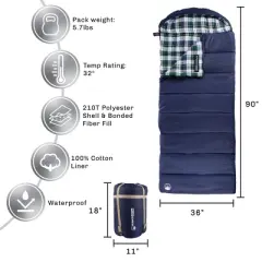 Leisure Sports Extra-Large 3-Season Envelope-Style Sleeping Bag With Carrying Bag - Navy