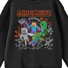 Minecraft Steve and Mobs with Doodle Background Youth Black Crew Neck Sweatshirt