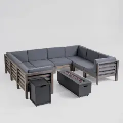 Malawi 10pc Acacia UShaped Sectional Sofa Set with Fire Pit  Gray/Dark Gray - Christopher Knight Home