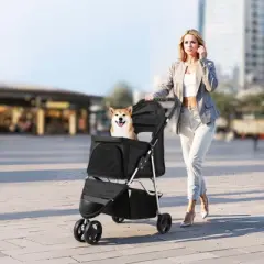 VEVOR Pet Stroller, 35 lbs Weight Capacity, Foldable Dog Stroller Cart, 3 Wheels Cats Stroller with Mesh Windows and Cup Holders, Black