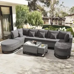 FIONECA 7-Piece Outdoor Wicker Sectional Sofa Set with Coffee Tables, Free-Combination Patio Furniture with Gray Cushions &uml;C Gray