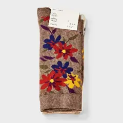 Women's Floral & Striped 3pk Crew Socks - A New Day&trade; Dark Brown Heather/Ivory 4-10
