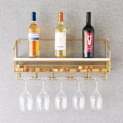 Twine Gold Wall Mounted Wine Rack, Holds 8 Standard Wine Bottles, Wood and Cast Iron, Cork Storage, Holds 5 Wine Glasses, Gold Finish