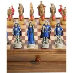 WorldWise Imports Chess Set - King Arthur Painted Resin on 15" Walnut/Maple Chest
