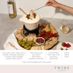 Twine 5998 Farmhouse Kitchen Enamel Cast Iron Fondue Set Cheese Melting Pot Metal Stand with Stainless Steel Forks and Chrome Gel Burner, Off-Cream